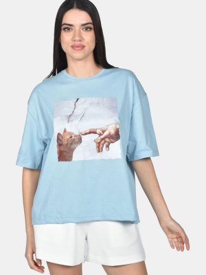 T-shirt Γυναικείο Σιέλ με Τύπωμα